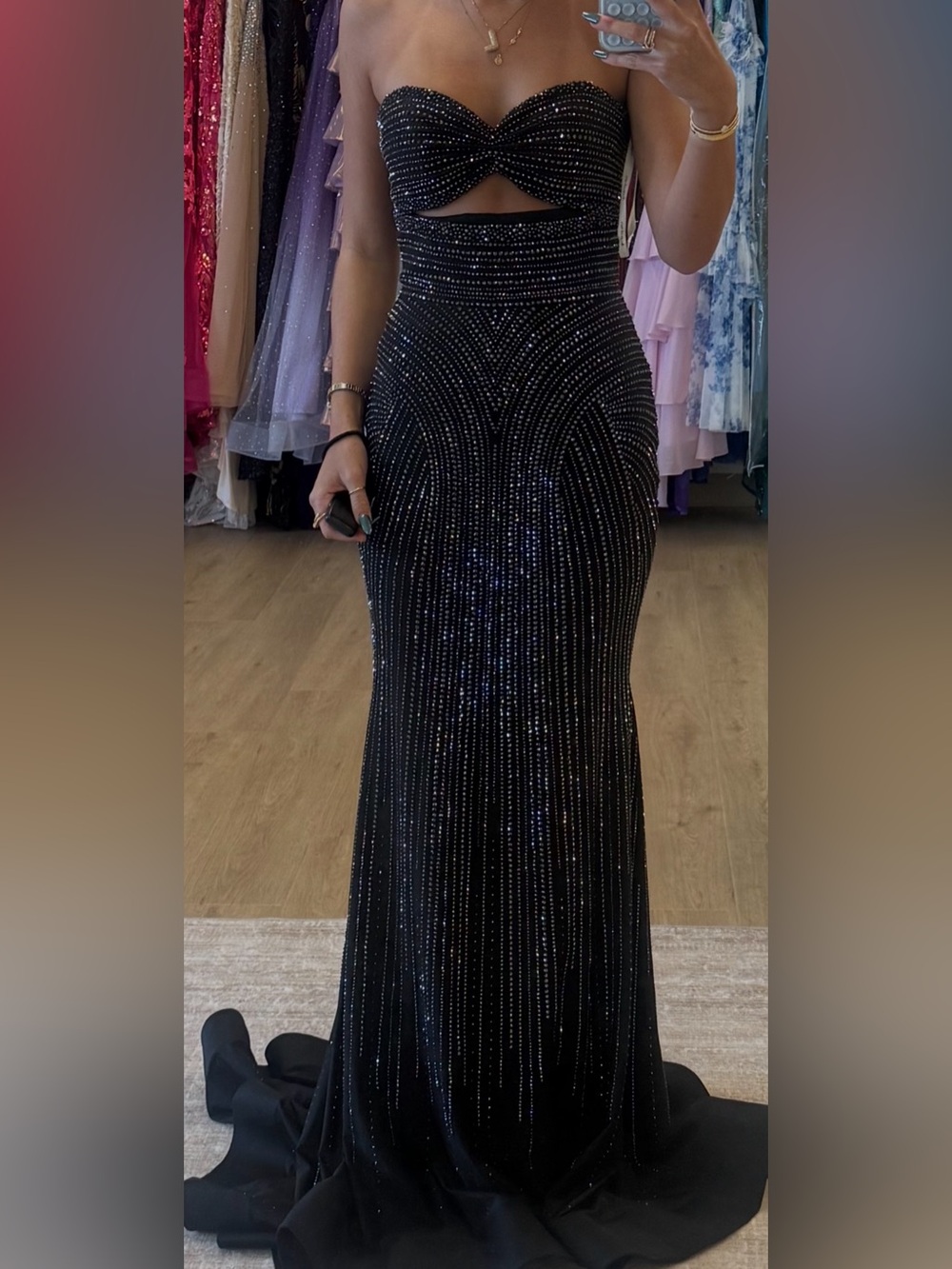 Ava Presley - Strapless Black Beaded Gown with Waist Cutout